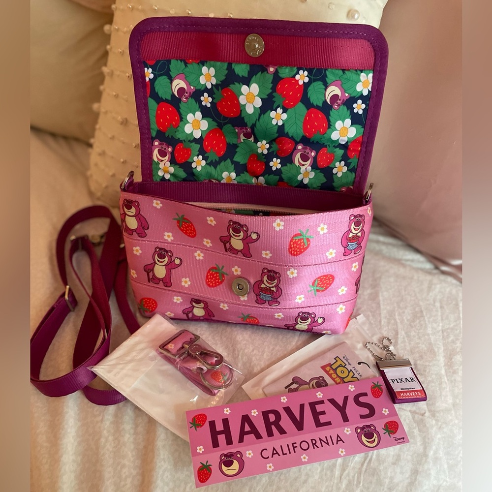 Disney Harveys Lotso Berry Foldover Crossbody Bag with Click n Go Keychain - Picture 2 of 8